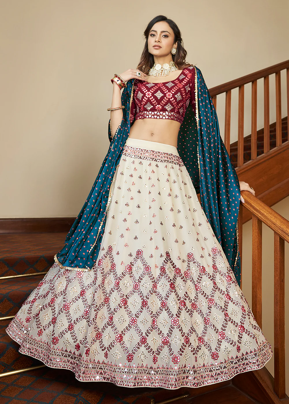 Elegant Beige Sequins & Gota Patti Work Georgette Lehenga Choli - Image 3