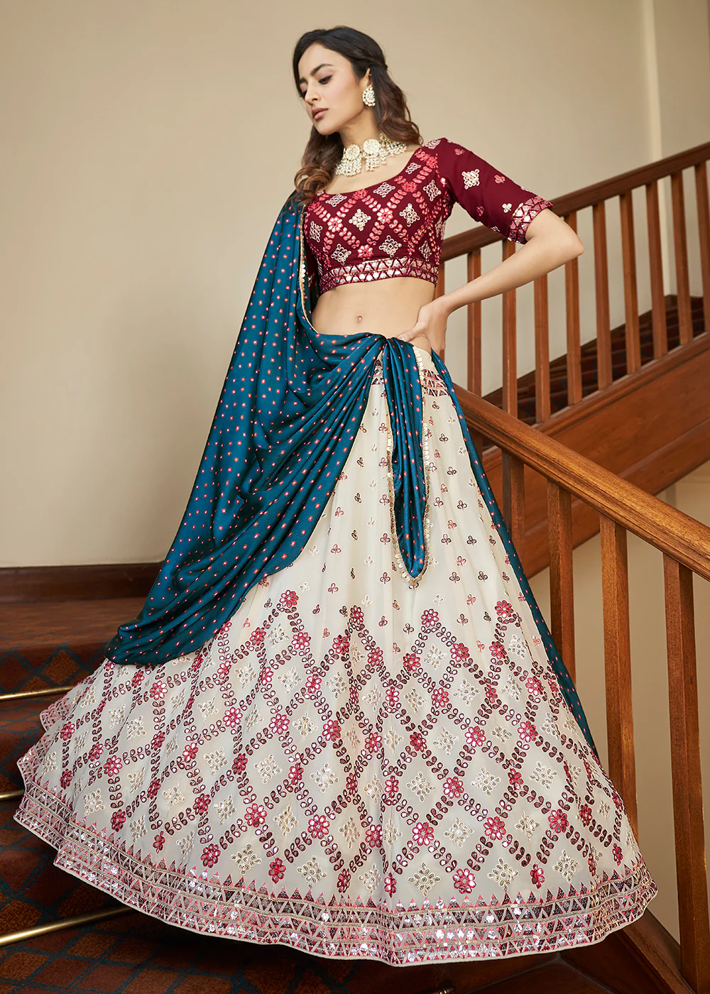 Elegant Beige Sequins & Gota Patti Work Georgette Lehenga Choli - Image 4