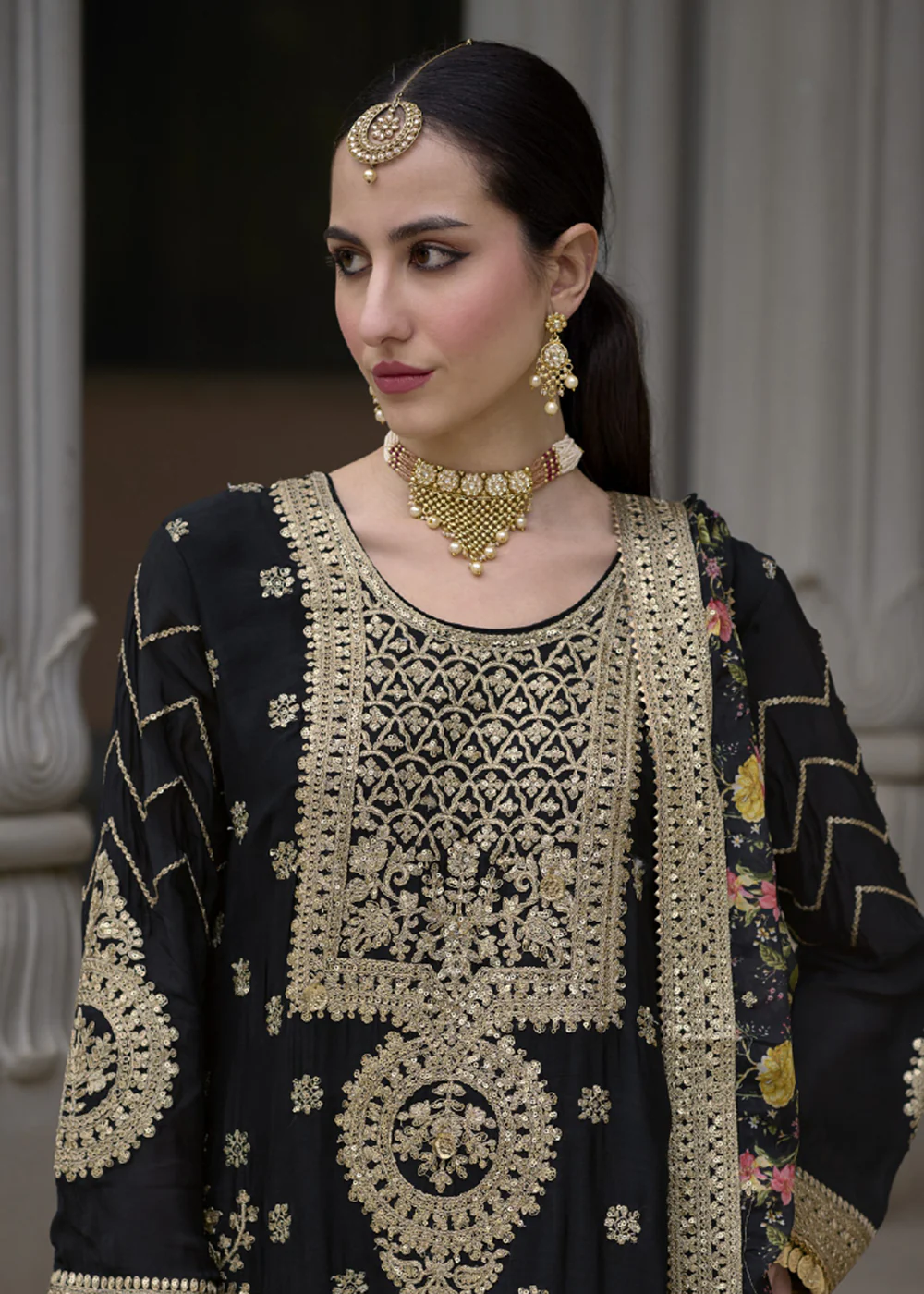 Elegant Black Pure Chinnon Pakistani Style Palazzo Suit - Image 2