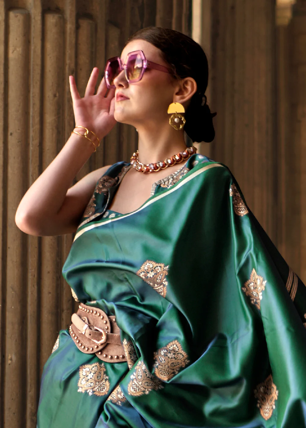 Elegant Bottle Green Pure Satin Silk Designer Saree - Image 2
