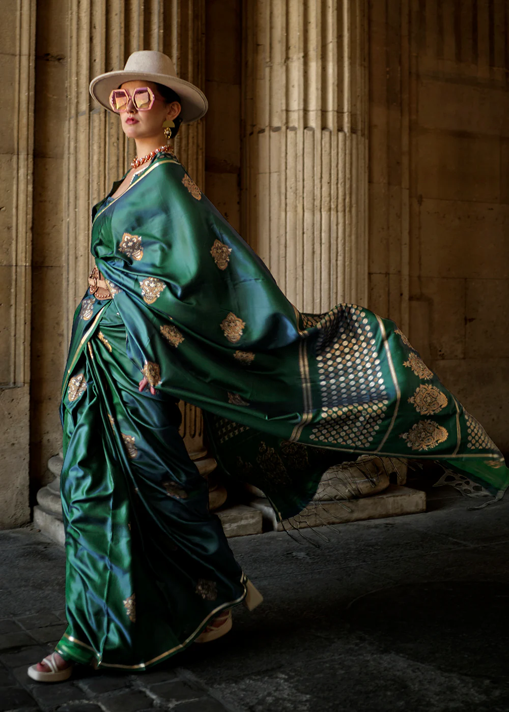 Elegant Bottle Green Pure Satin Silk Designer Saree - Image 4