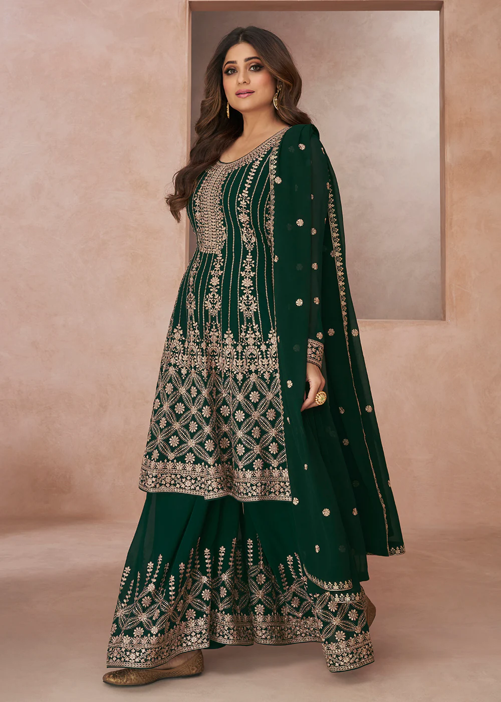 Elegant Festive Look Green Georgette Palazzo Style Suit - Image 3