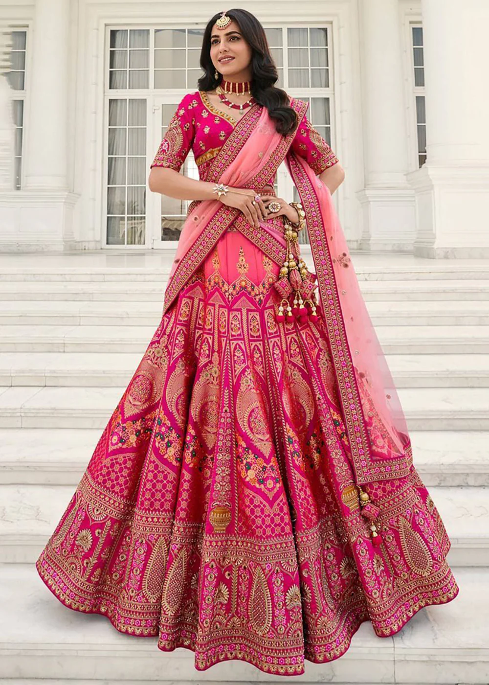 Elegant Fuchsia Pink Heavy Embroidered Silk Bridal Lehenga Choli