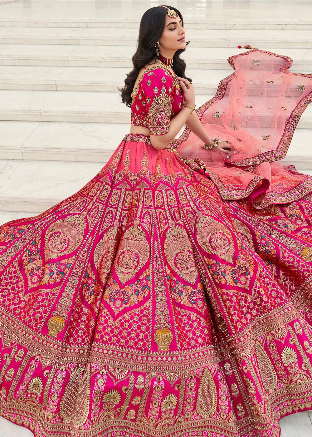 Elegant Fuchsia Pink Heavy Embroidered Silk Bridal Lehenga Choli - Image 5