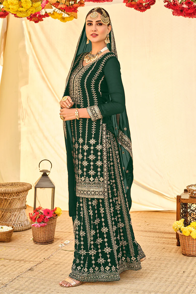 Elegant Green All Over Embroidered Palazzo Style Suit - Image 3