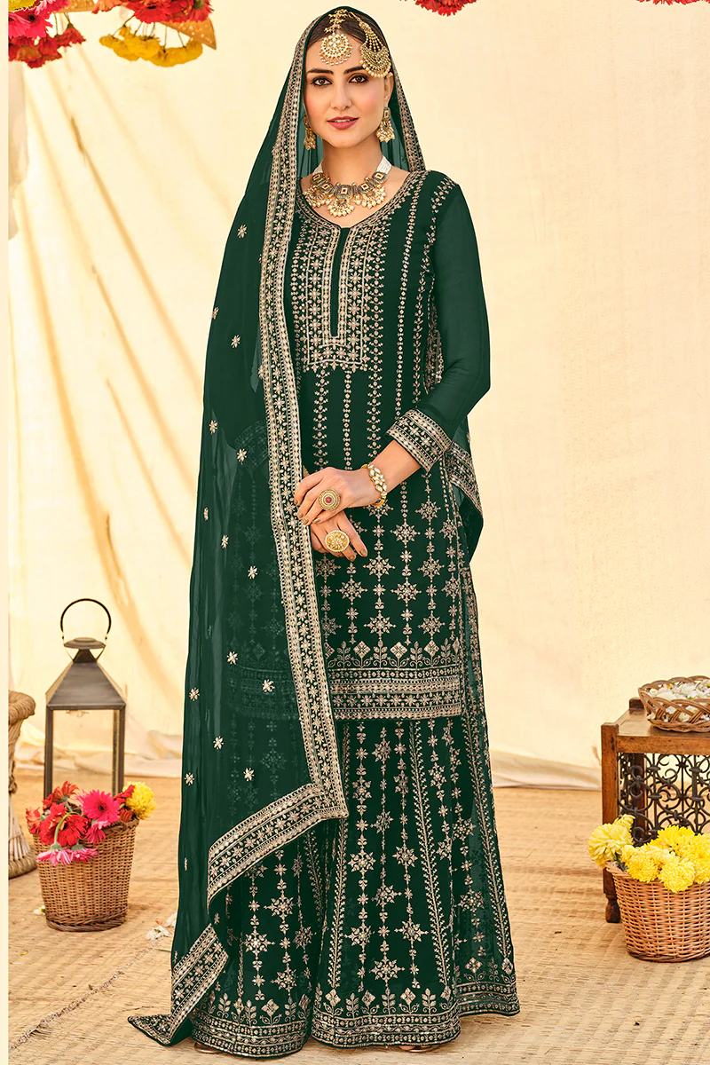 Elegant Green All Over Embroidered Palazzo Style Suit - Image 4