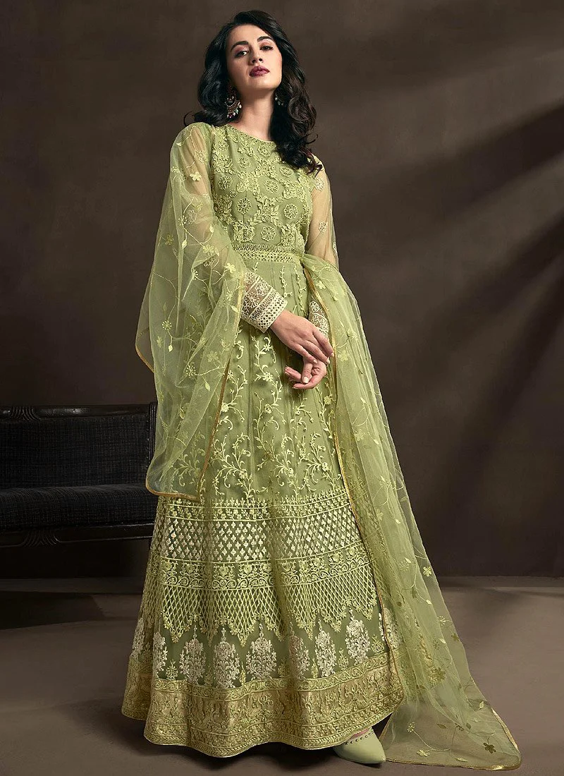 Elegant Green Detailed Embroidered Designer Anarkali Suit