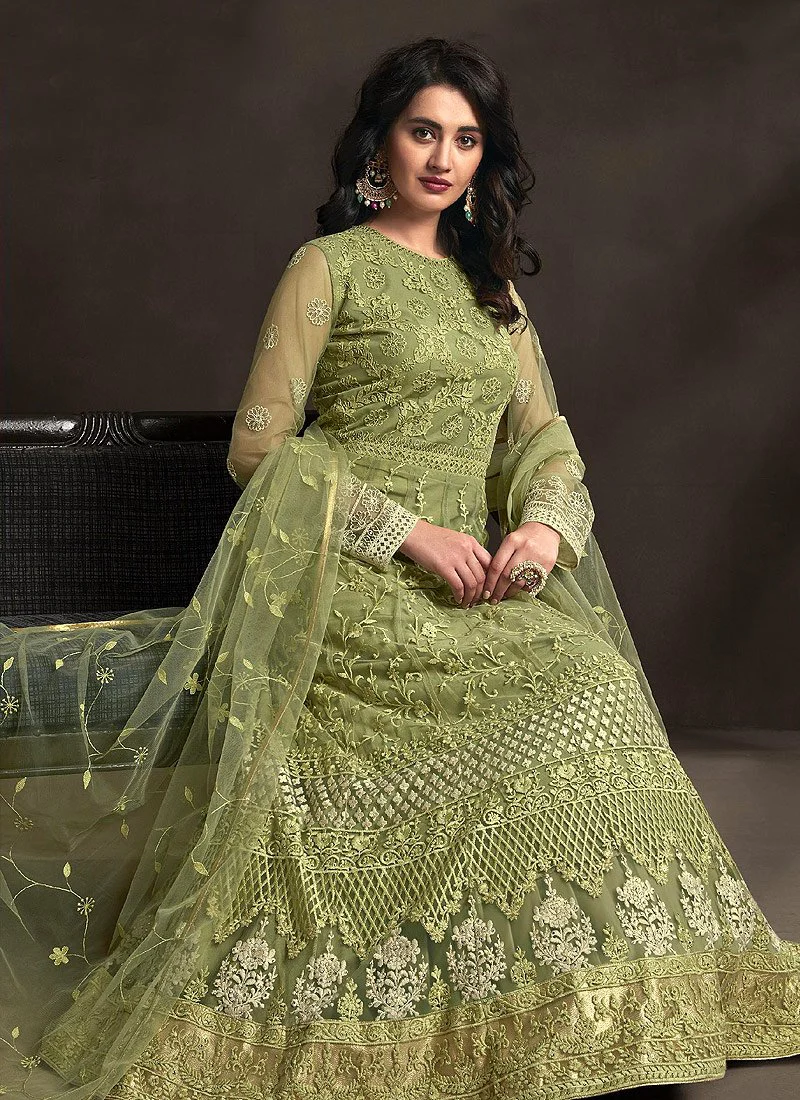 Elegant Green Detailed Embroidered Designer Anarkali Suit - Image 3
