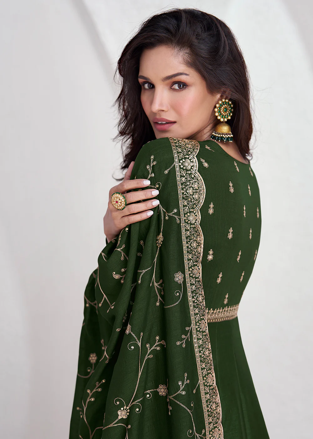 Elegant Green Embroidered Silk Wedding Anarkali Dress - Image 3