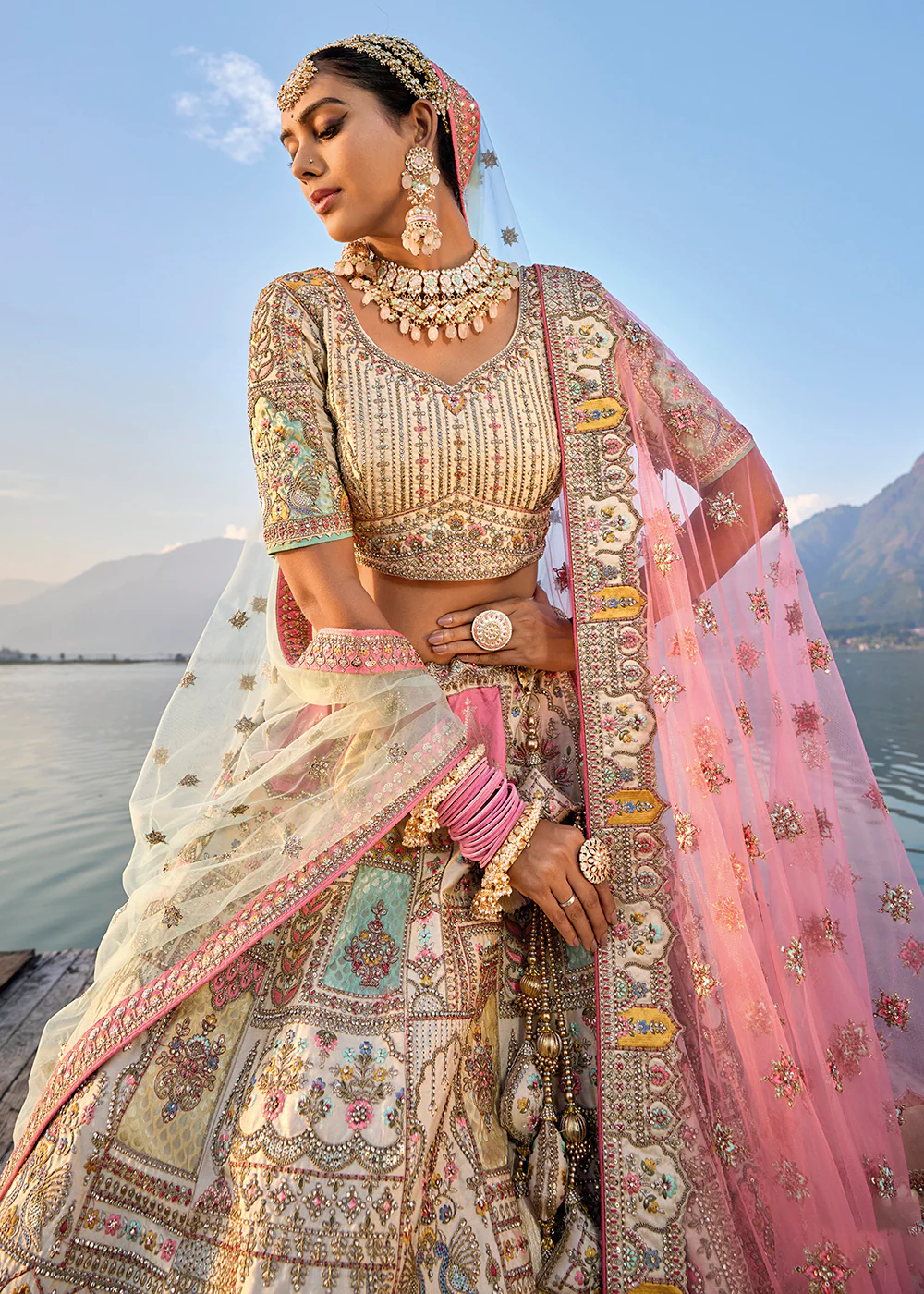 Elegant Ivory Silk Embroidered Bridal Wear Lehenga Choli - Image 2