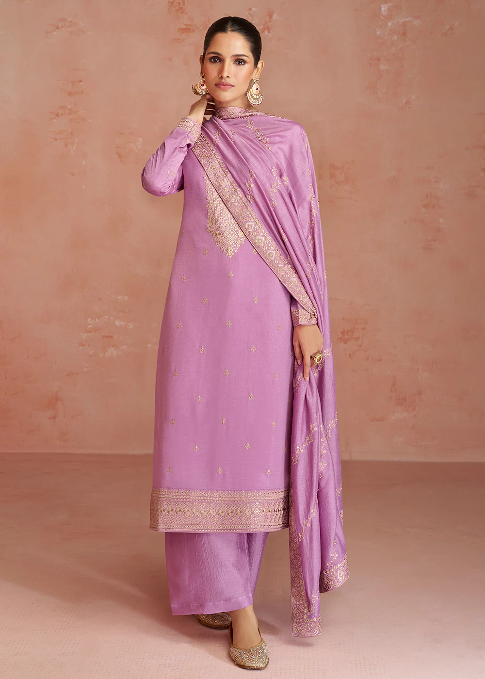 Elegant Lavender Pink Silk Embroidered Palazzo Salwar Kameez