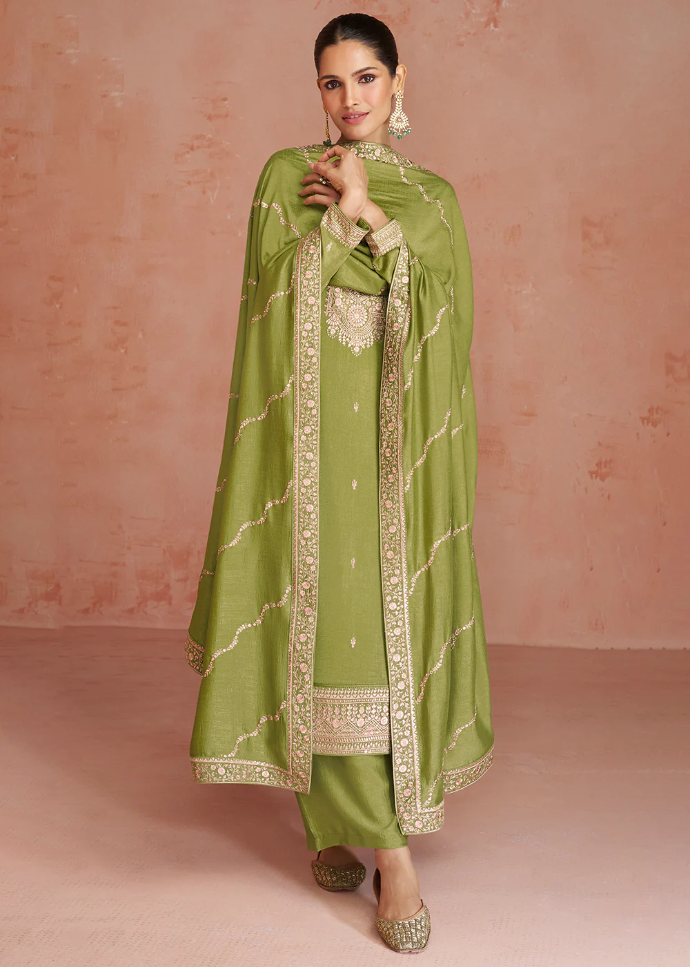 Elegant Lime Green Silk Embroidered Palazzo Salwar Kameez - Image 3