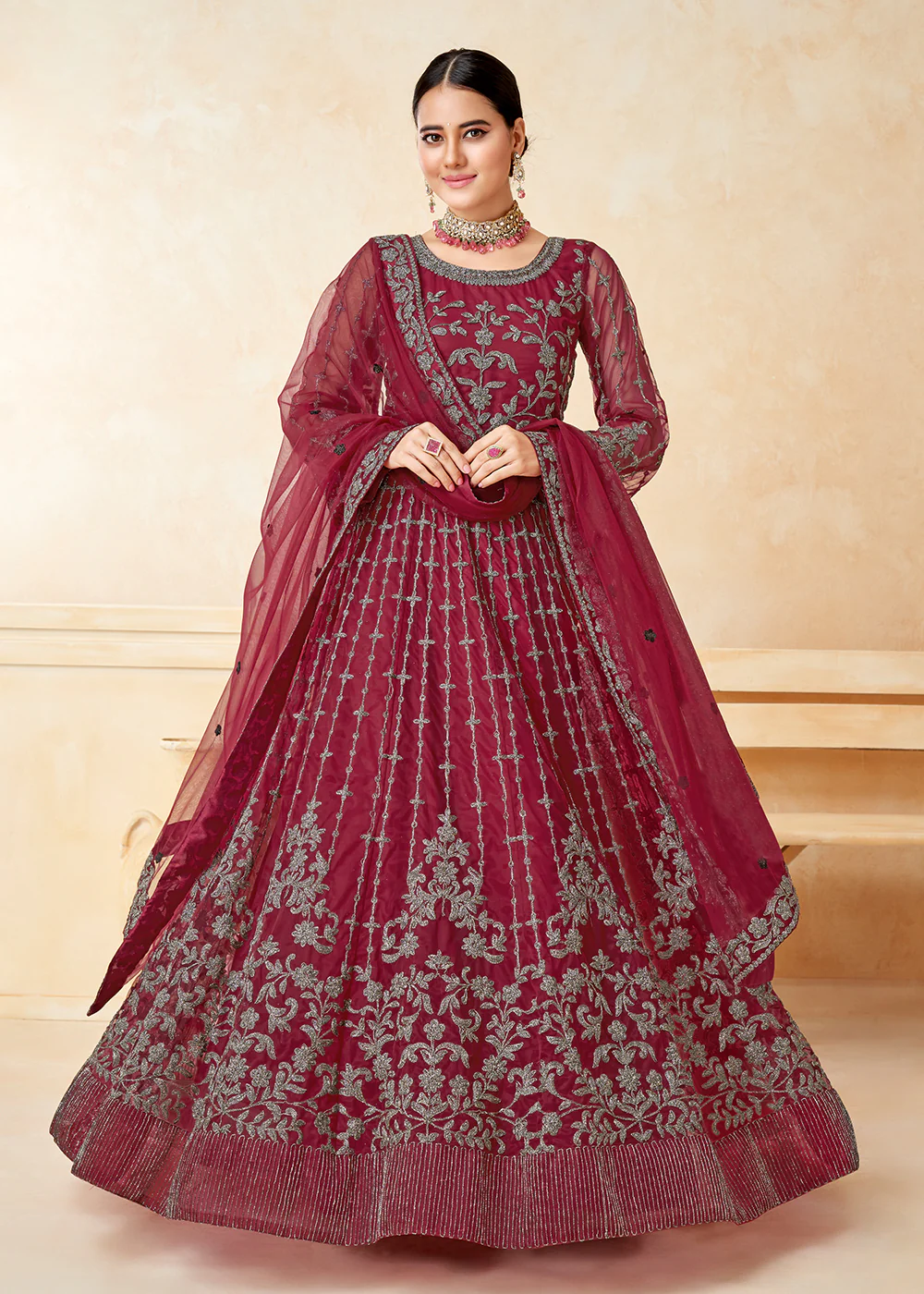 Elegant Maroon Net Wedding Wear Anarkali Dress