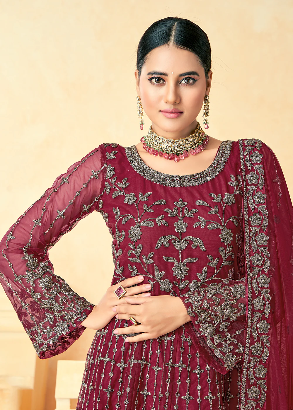 Elegant Maroon Net Wedding Wear Anarkali Dress - Image 2