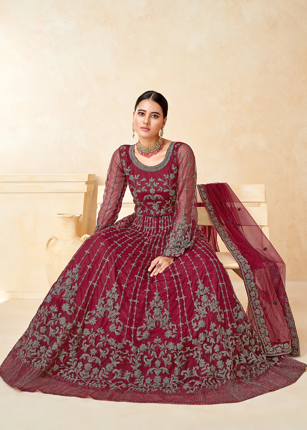 Elegant Maroon Net Wedding Wear Anarkali Dress - Image 3