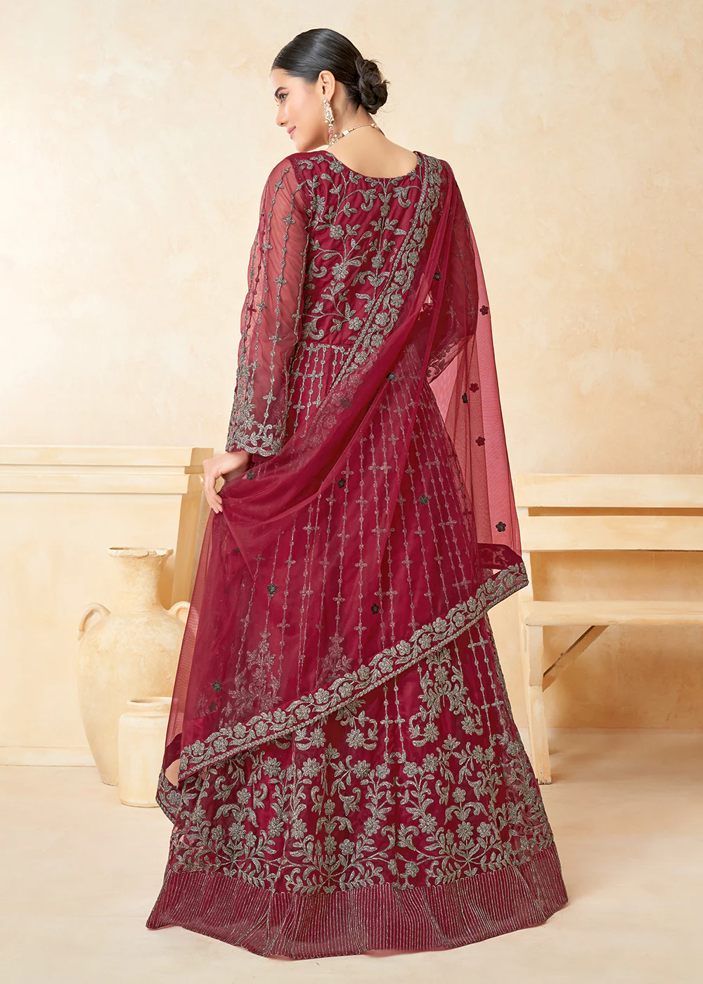 Elegant Maroon Net Wedding Wear Anarkali Dress - Image 4