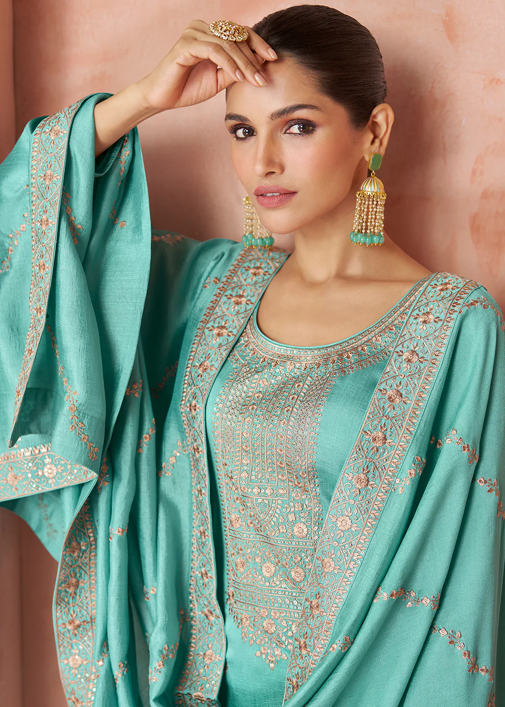 Elegant Mint Blue Silk Embroidered Palazzo Salwar Kameez - Image 2