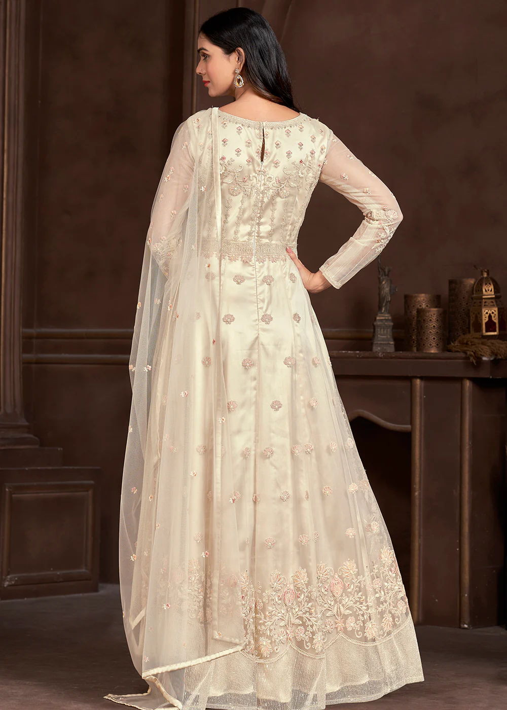 Elegant Off White Butterfly Net Designer Anarkali Suit - Image 3