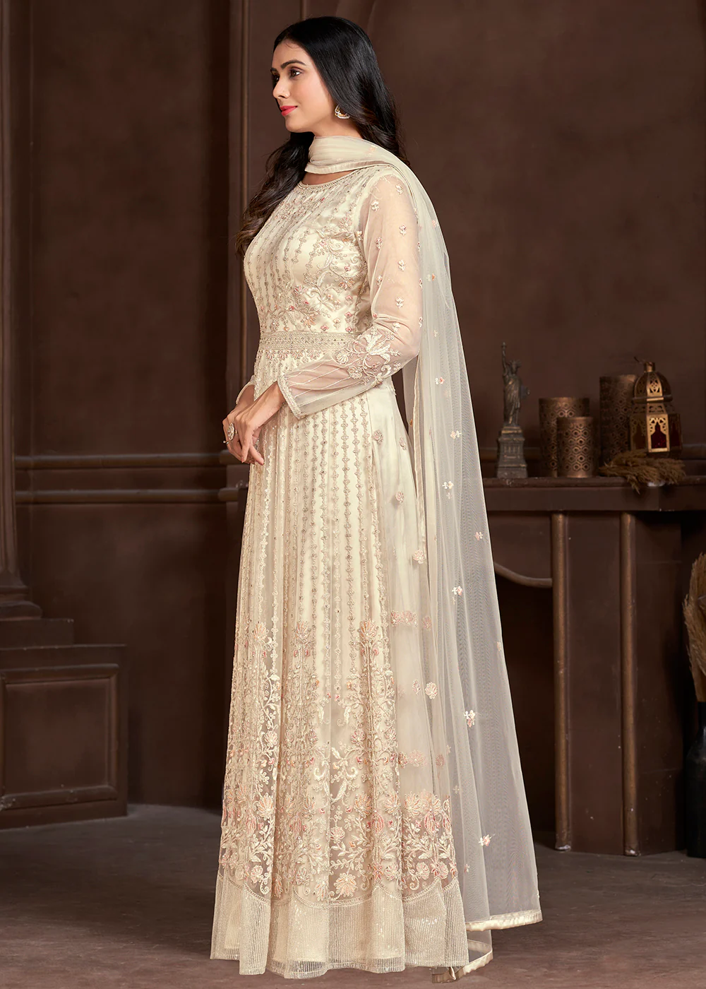 Elegant Off White Butterfly Net Designer Anarkali Suit - Image 4