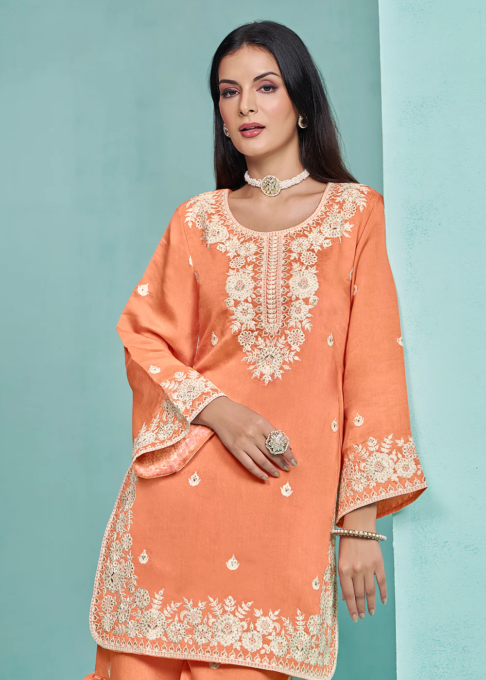 Elegant Orange Designer Style Silk Gharara Style Suit - Image 2