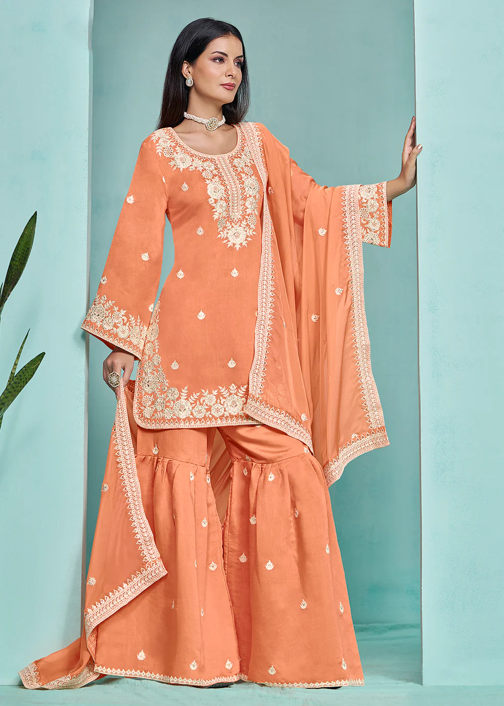 Elegant Orange Designer Style Silk Gharara Style Suit - Image 3