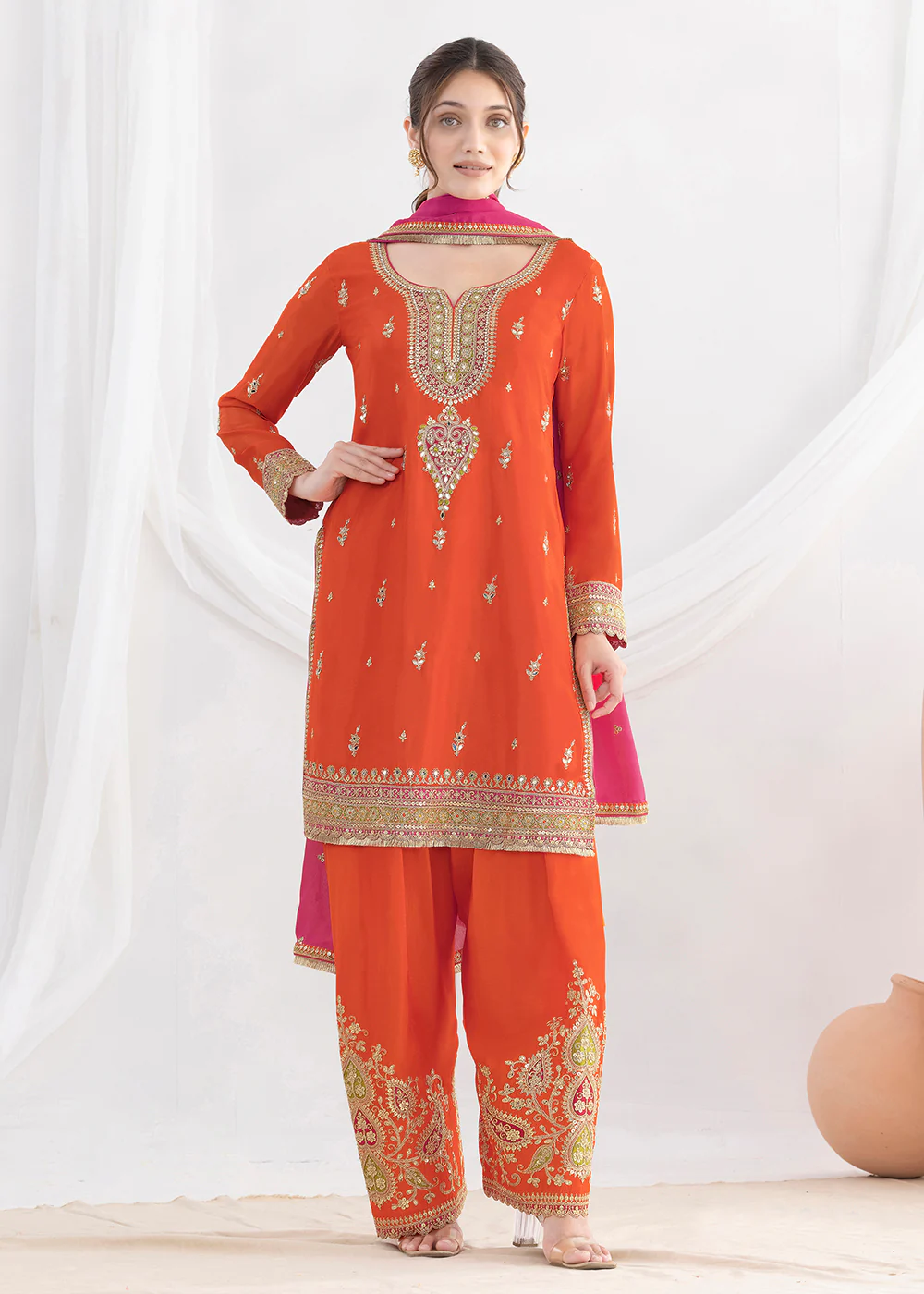 Elegant Orange Kurti Style Farshi Style Salwar Suit