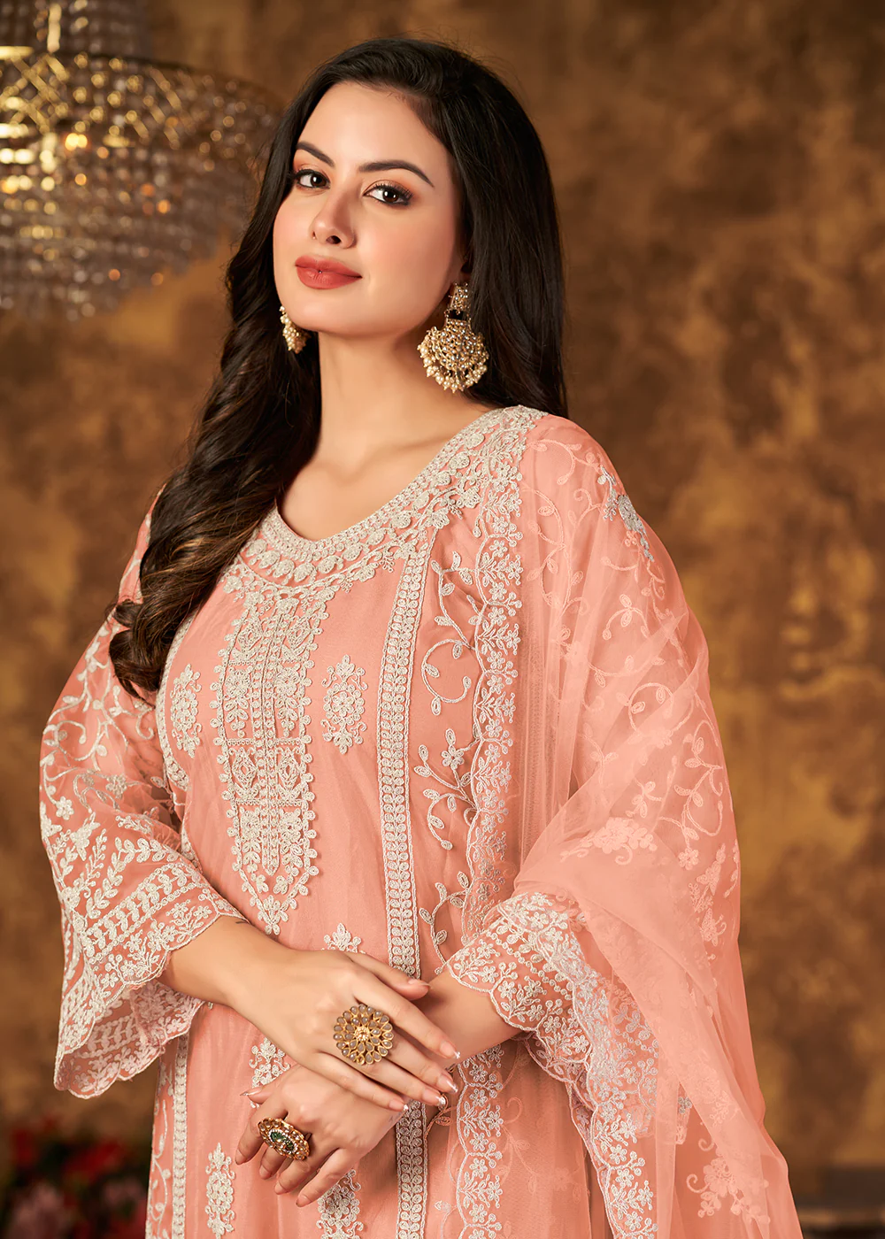 Elegant Peach Cording Embroidered Net Palazzo Suit - Image 2