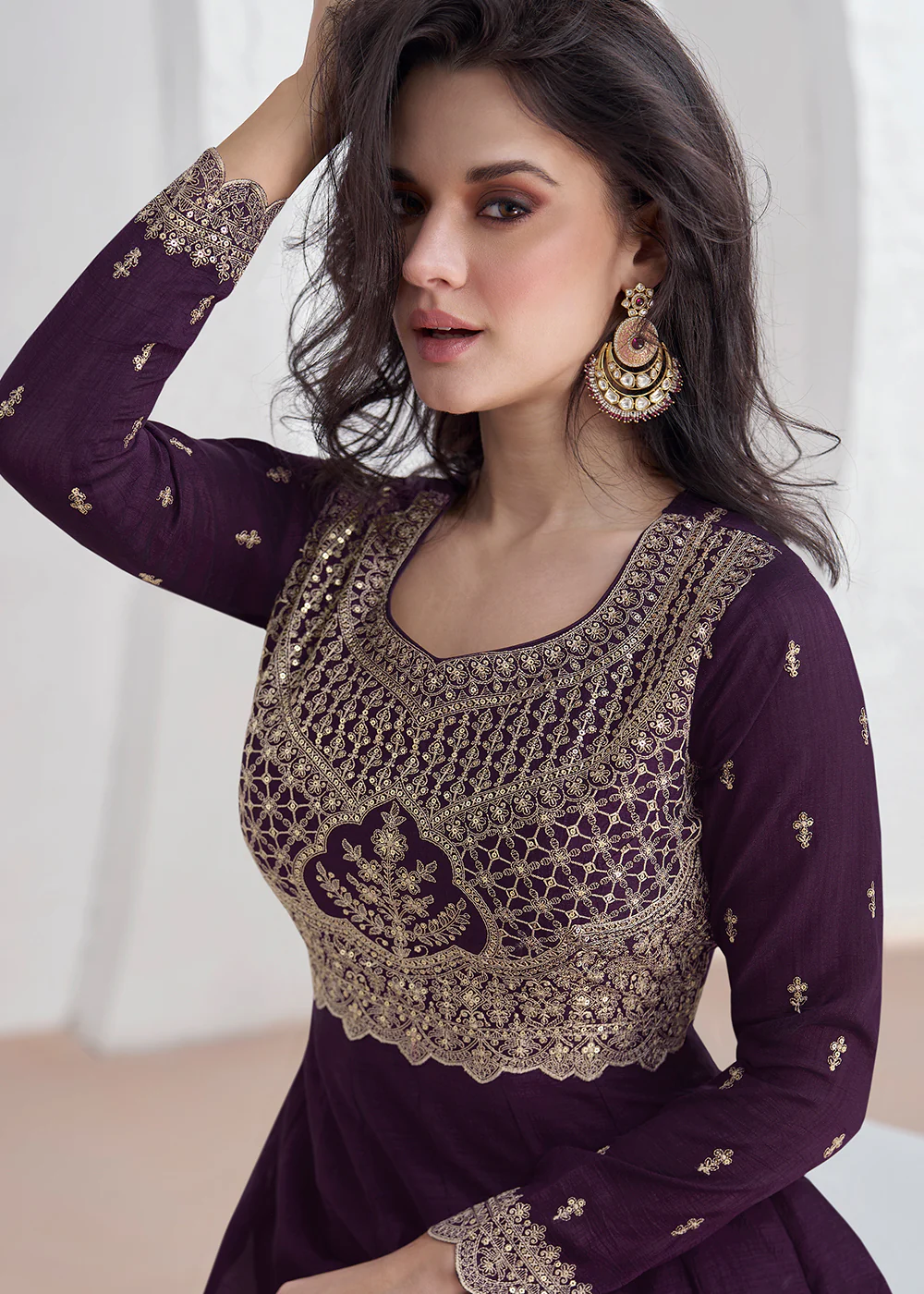 Elegant Purple Embroidered Silk Wedding Anarkali Dress - Image 2