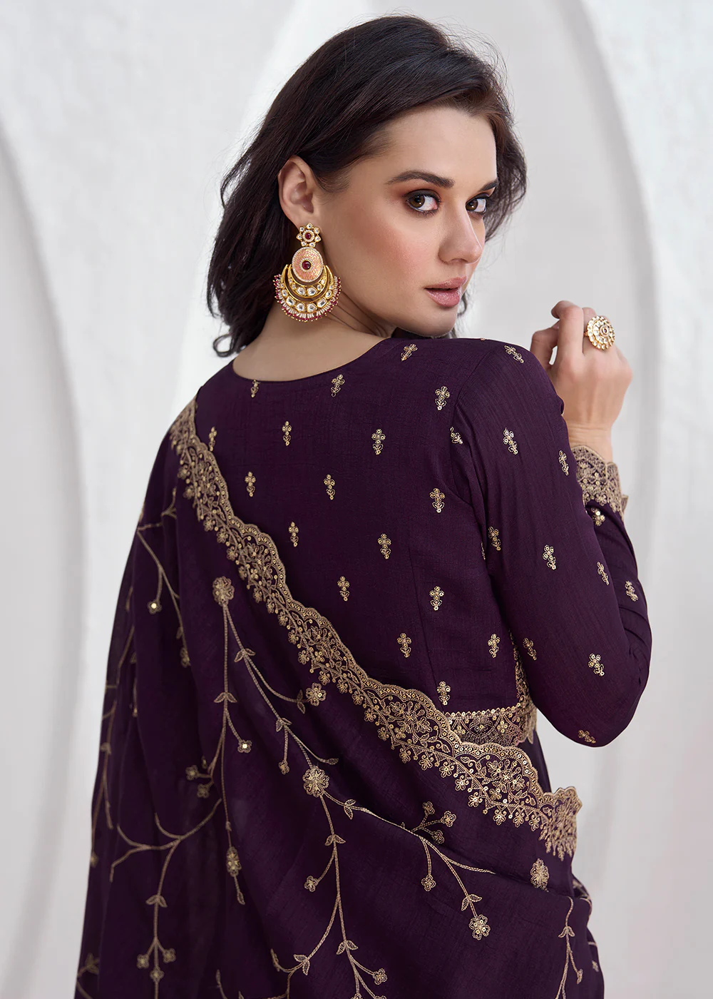 Elegant Purple Embroidered Silk Wedding Anarkali Dress - Image 3