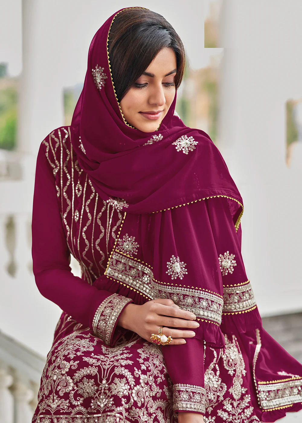 Elegant Rani Pink Resham & Zari Work Palazzo Salwar Suit - Image 2