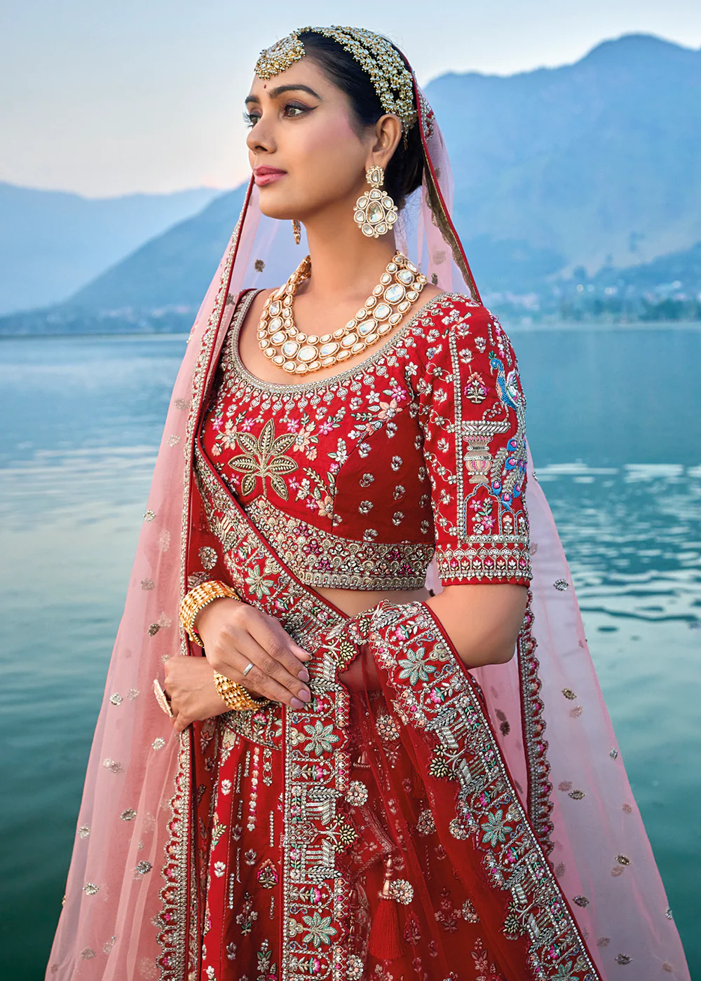 Elegant Red Silk Embroidered Bridal Wear Lehenga Choli - Image 2