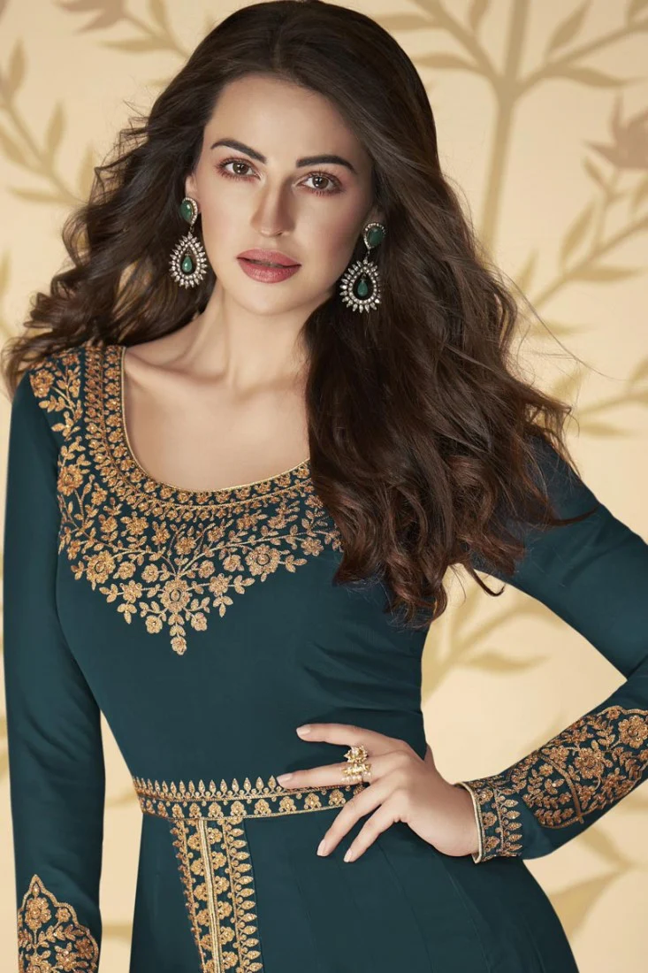 Elegant Teal Front Slit Party Wear Anarkali Suit - Image 2