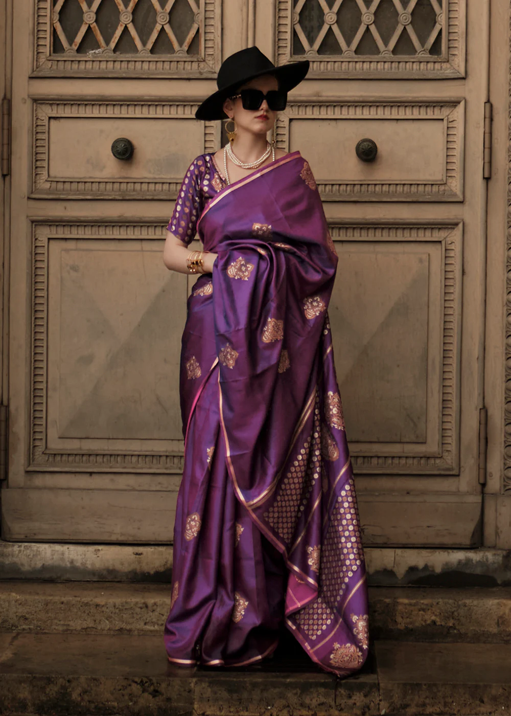 Elegant Violet Purple Pure Satin Silk Designer Saree