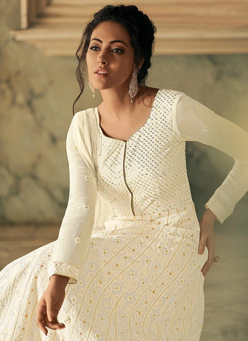 Elegant White Georgette Chikankari Embroidered Anarkali - Image 2