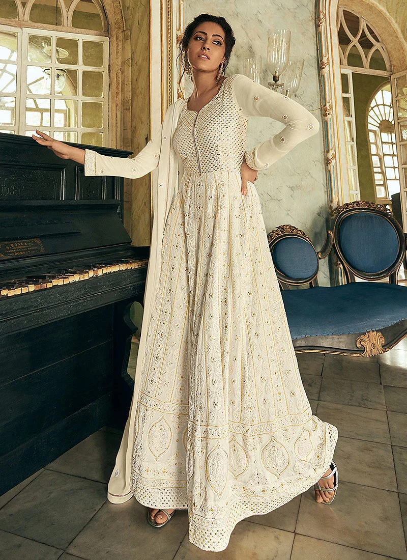 Elegant White Georgette Chikankari Embroidered Anarkali - Image 3