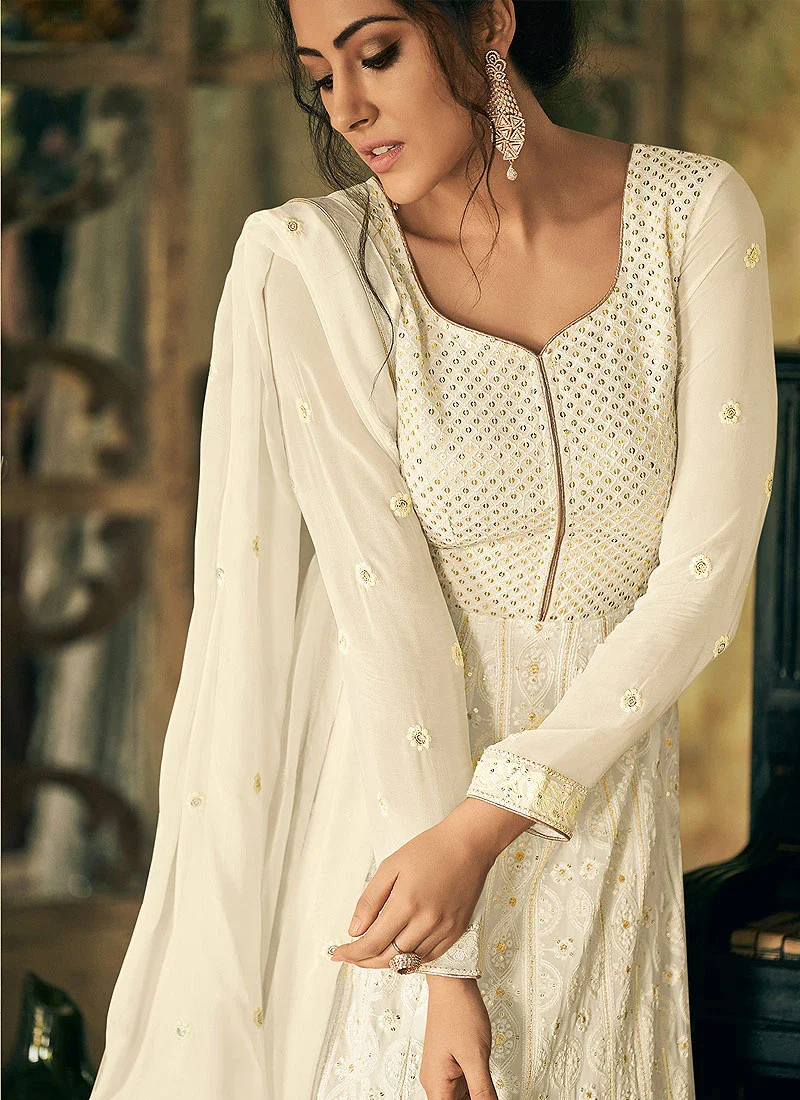 Elegant White Georgette Chikankari Embroidered Anarkali - Image 4