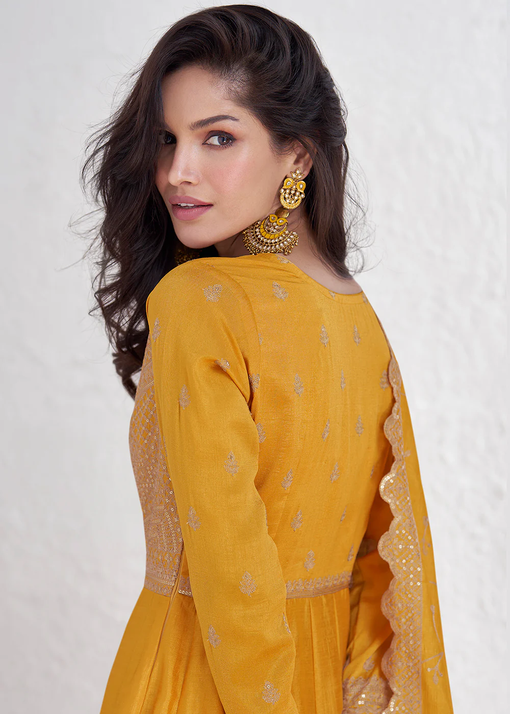 Elegant Yellow Embroidered Silk Wedding Anarkali Dress - Image 3