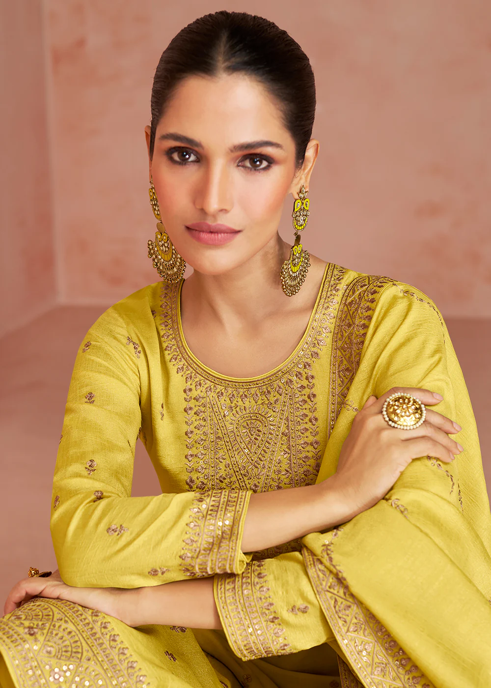 Elegant Yellow Silk Embroidered Palazzo Salwar Kameez - Image 2