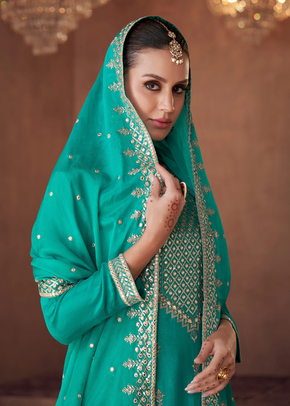 Embellished Aqua Green Chinon & Georgette Designer Palazzo Suit - Image 2