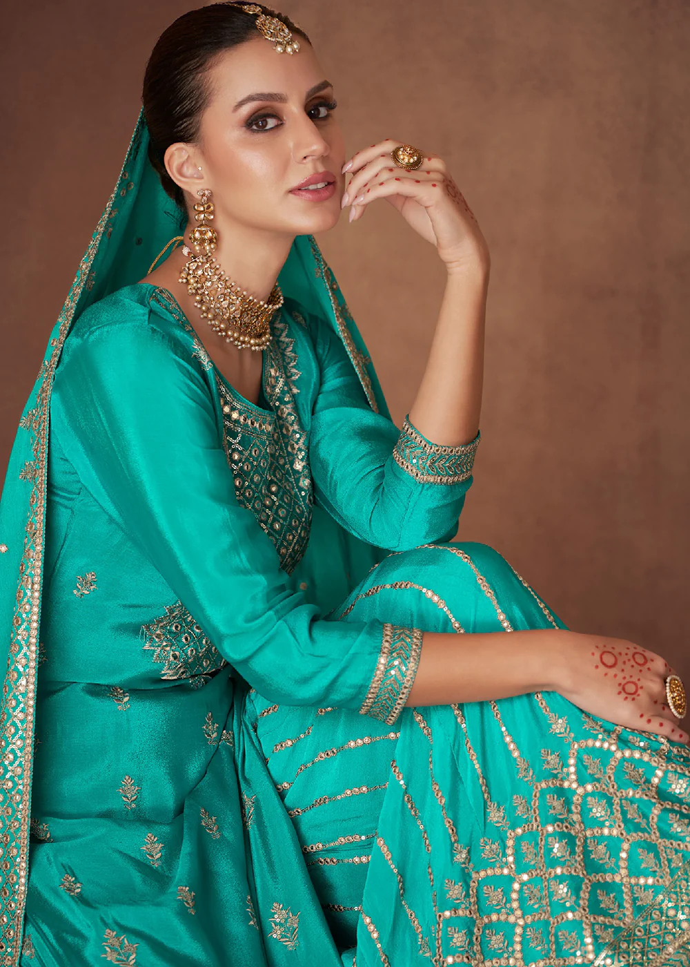 Embellished Aqua Green Chinon & Georgette Designer Palazzo Suit - Image 3