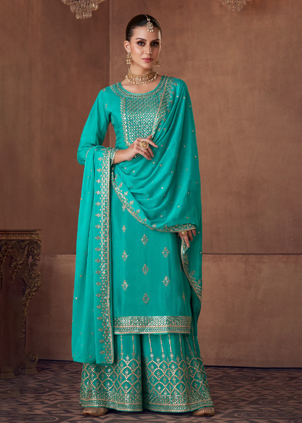 Embellished Aqua Green Chinon & Georgette Designer Palazzo Suit - Image 4
