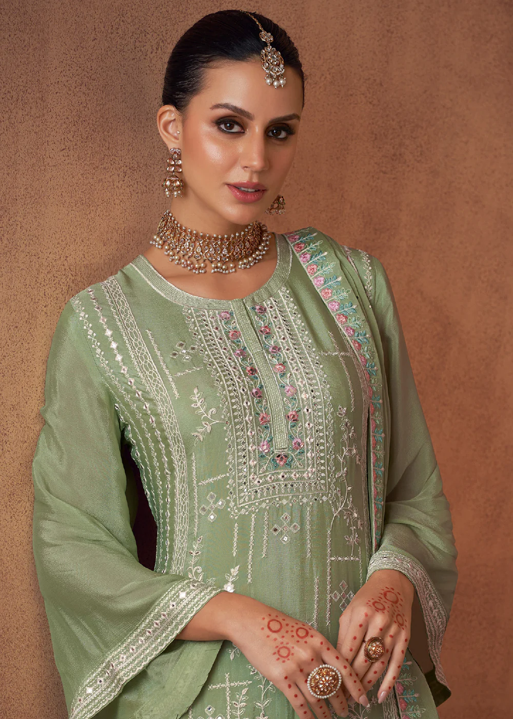 Embellished Pastel Green Chinon & Georgette Designer Palazzo Suit - Image 2
