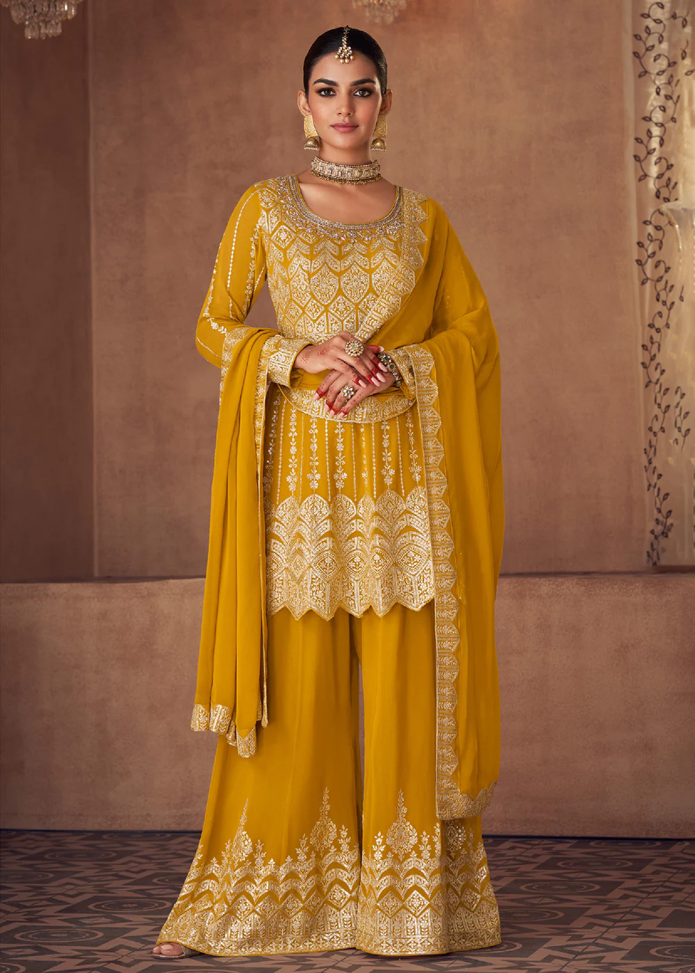 Embellished Yellow Chinon & Georgette Designer Palazzo Suit
