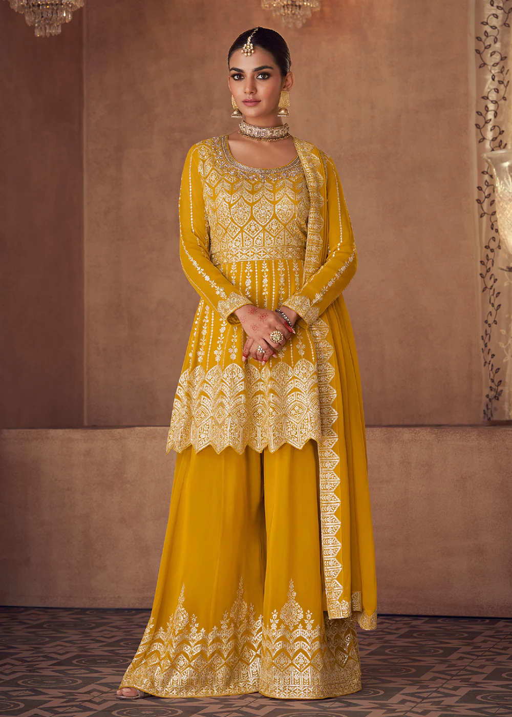 Embellished Yellow Chinon & Georgette Designer Palazzo Suit - Image 3