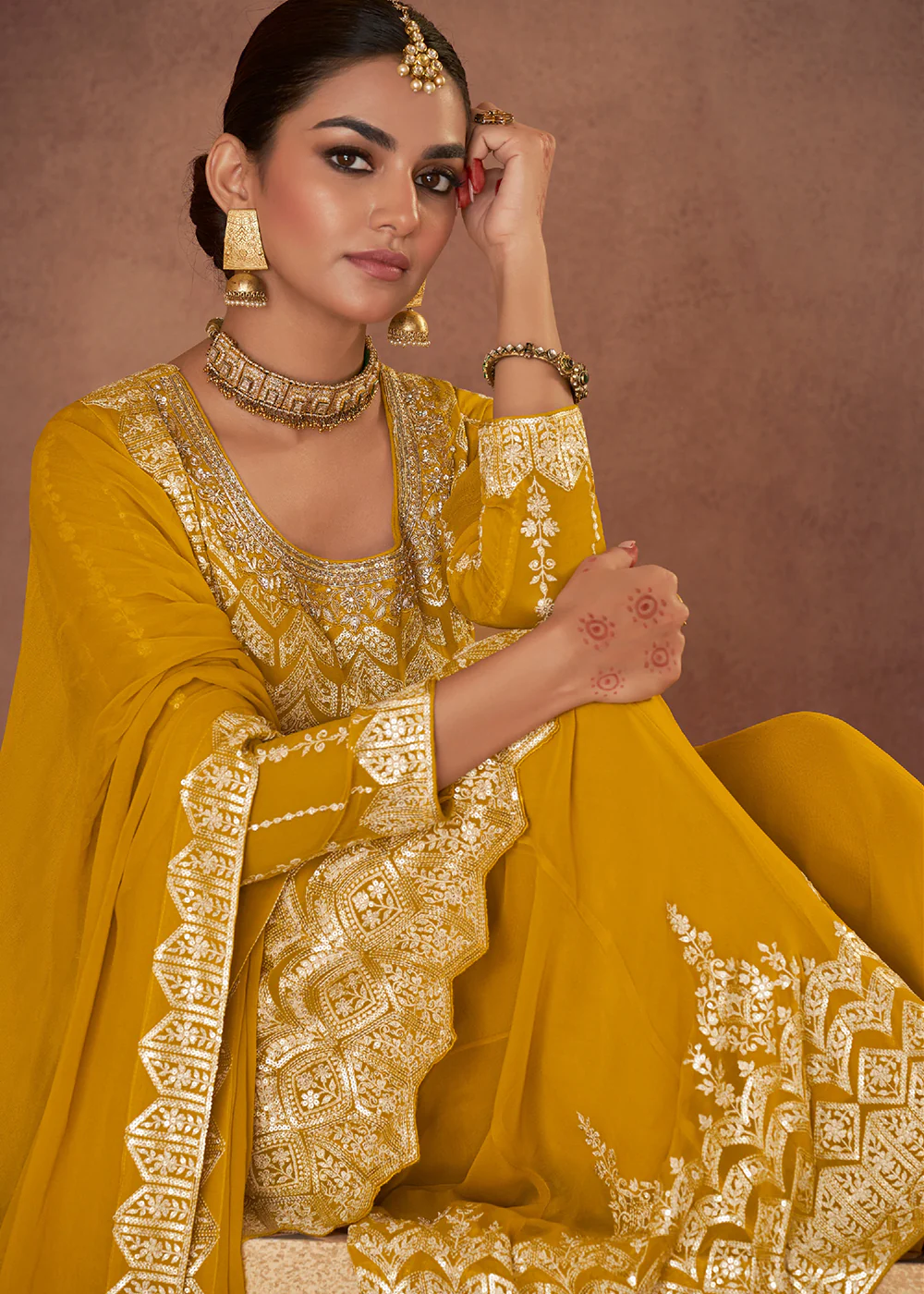 Embellished Yellow Chinon & Georgette Designer Palazzo Suit - Image 4