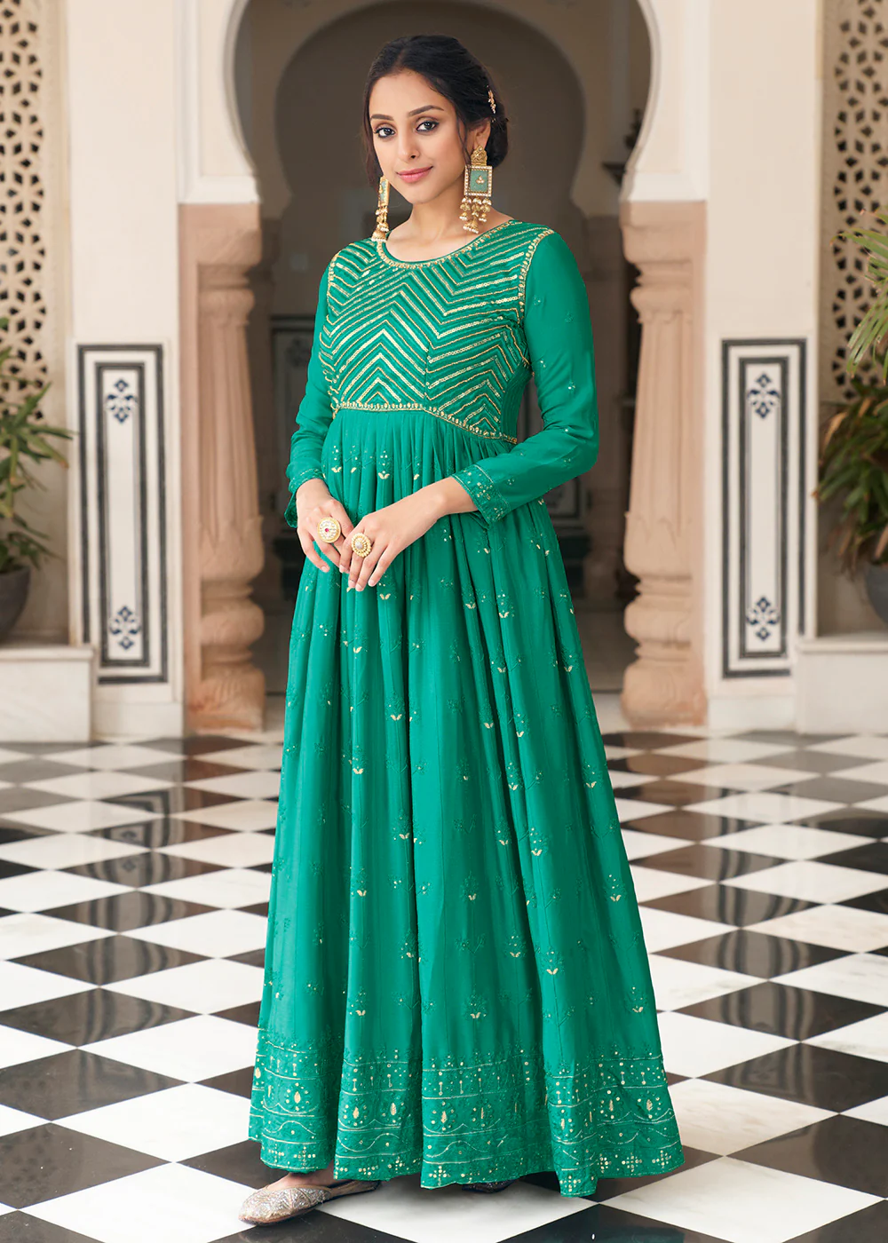 Embroidered Aqua Green Function Wear Anarkali Gown