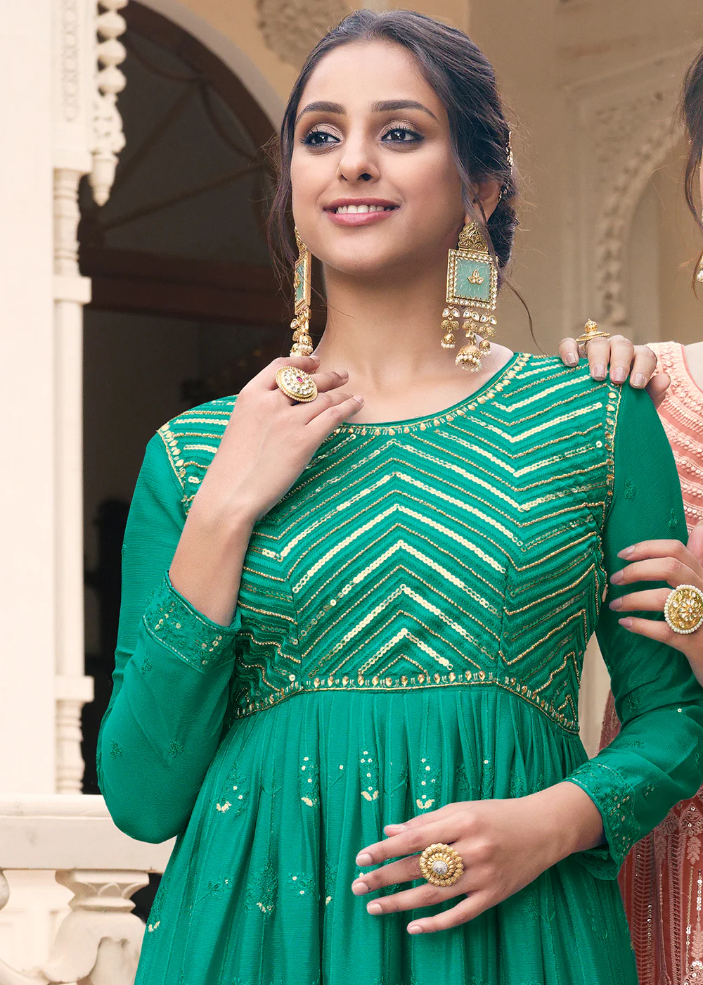 Embroidered Aqua Green Function Wear Anarkali Gown - Image 2