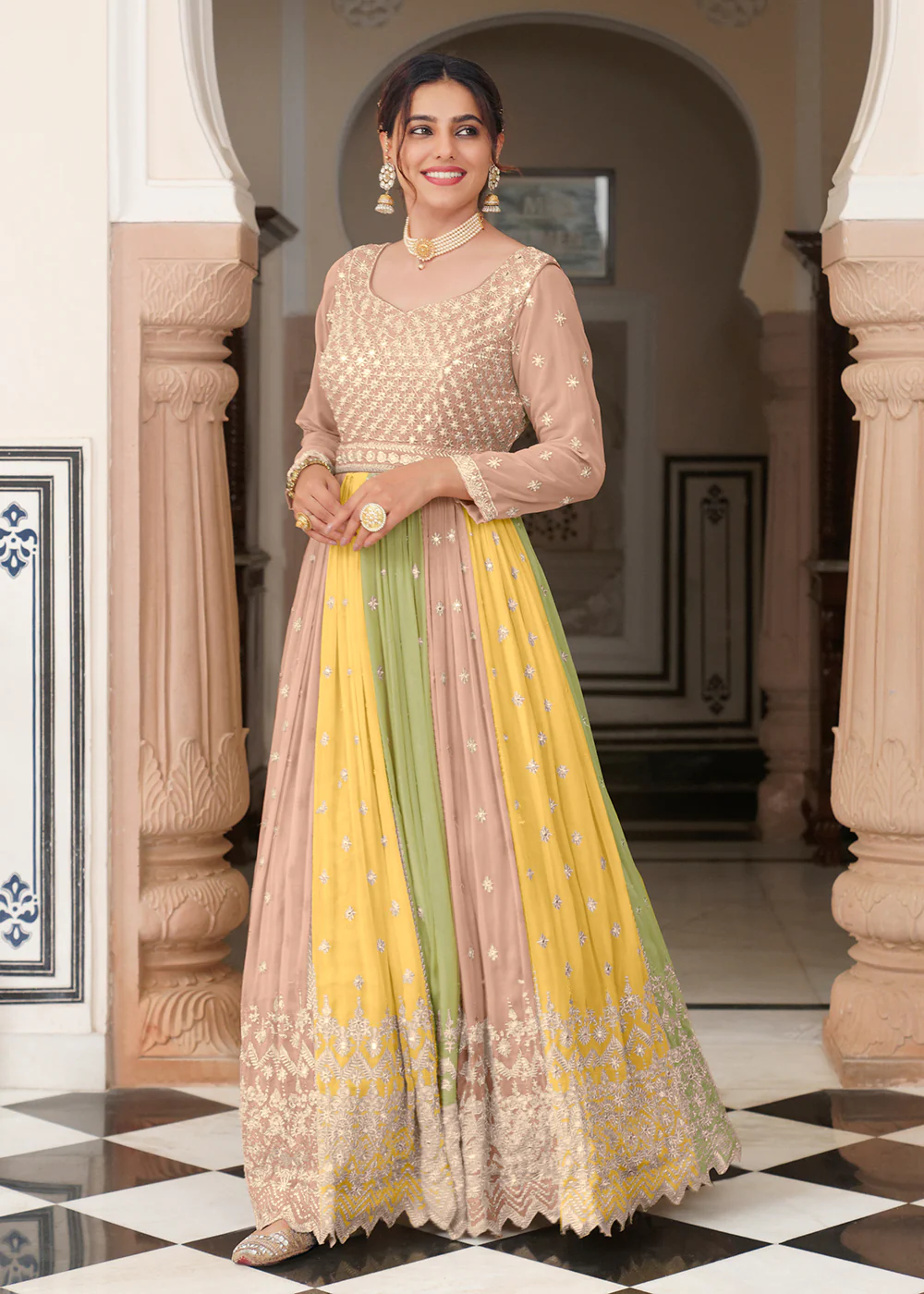 Embroidered Beige Multicolor Function Wear Anarkali Gown