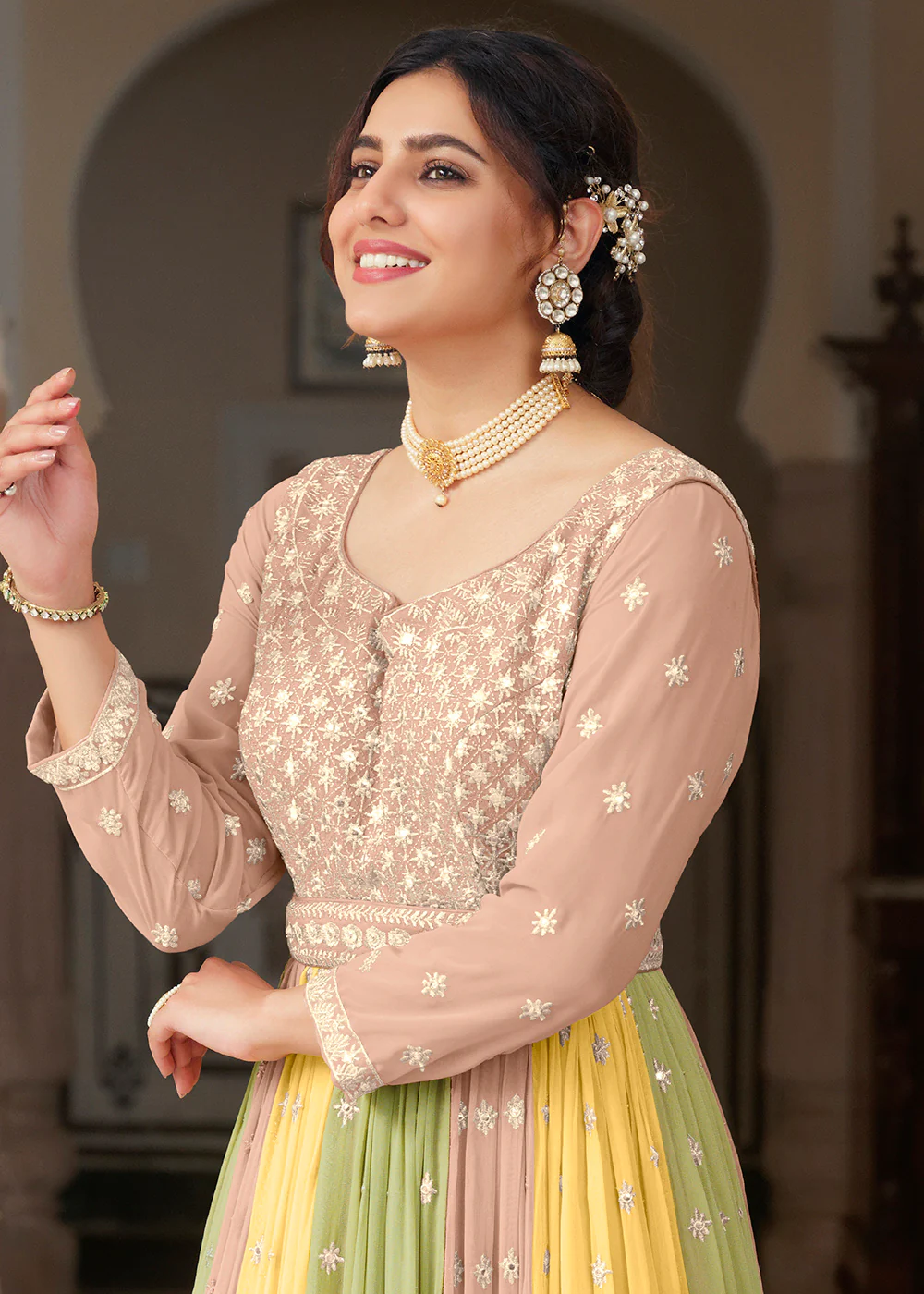 Embroidered Beige Multicolor Function Wear Anarkali Gown - Image 2