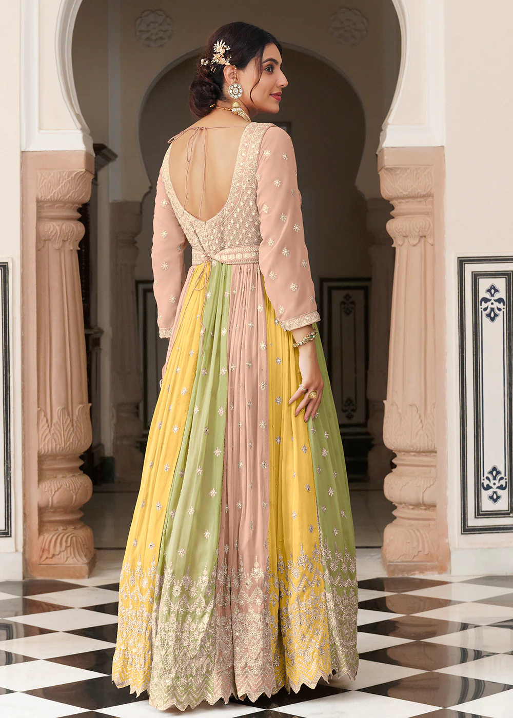 Embroidered Beige Multicolor Function Wear Anarkali Gown - Image 3